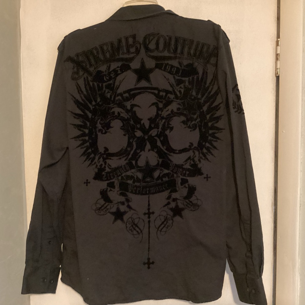 Xtreme Couture Platinum Men's Charcoal Gray Graphic Button Down Shirt Size XL